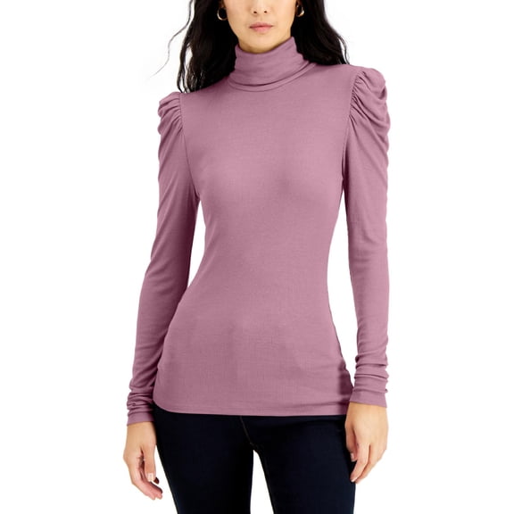 INC Womens Pink Stretch Ribbed Ruched Pouf Sleeve Turtle Neck Wear To Work Top L