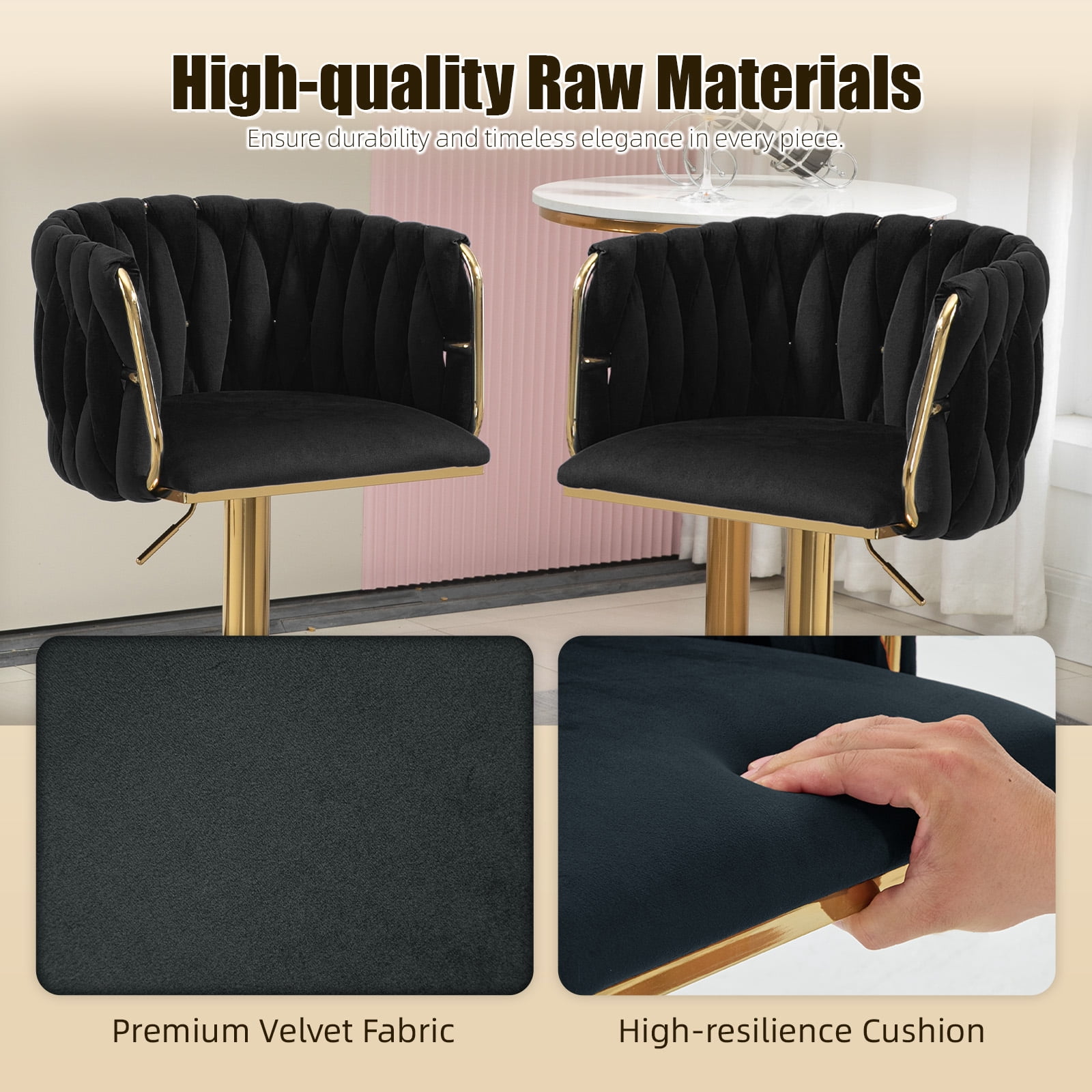 Homefun Velvet Bar Stools Set of 2,Modern Height Adjustable Swivel Barstools Counter Chairs with High Back & Gold Metal Base