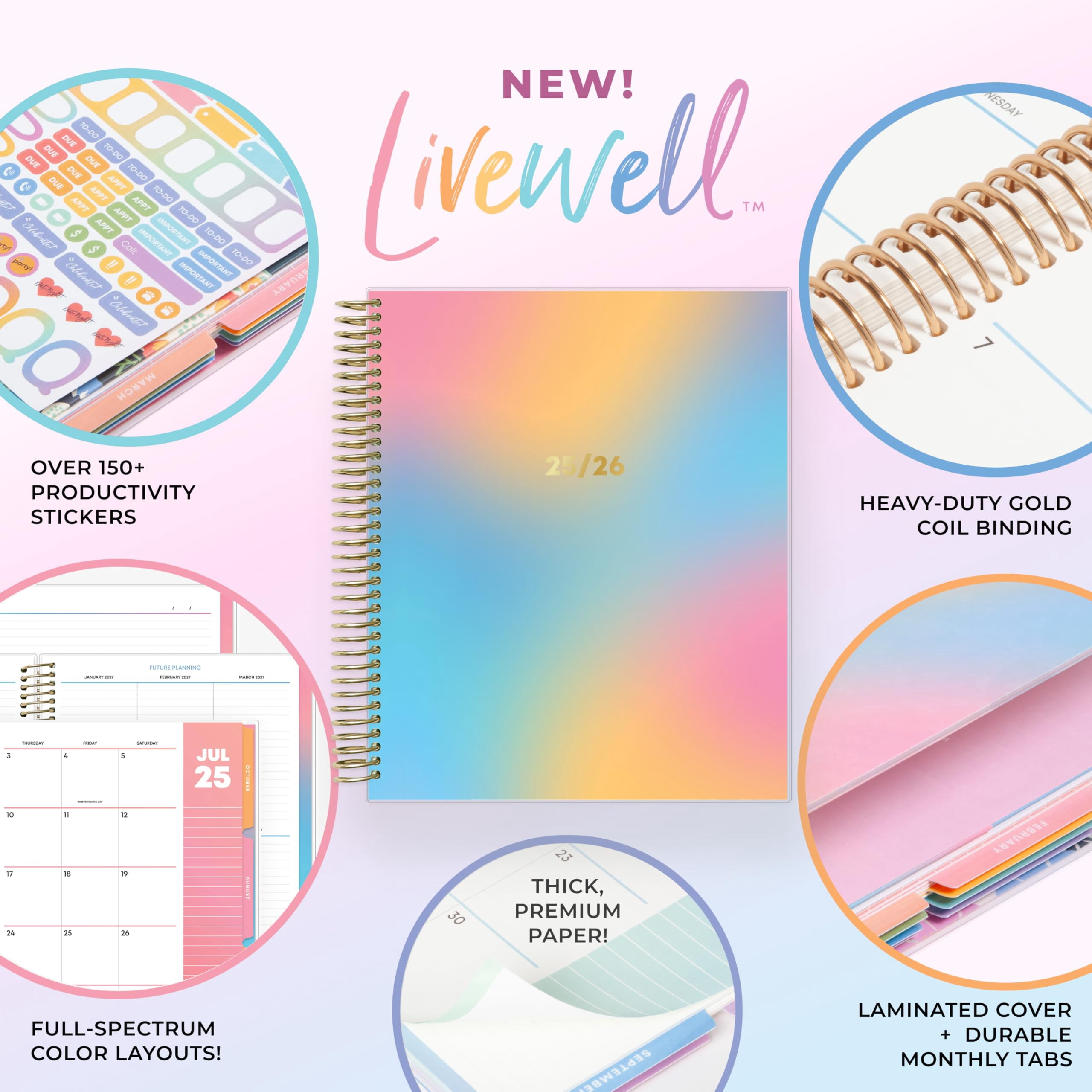 Blue Sky LiveWell 2025-2026 Academic Year Weekly and Monthly Planner Calendar, July 2025 - June 2026, 12-Month, 7" x 9", Flexible Cover, Wirebound, Laminated Tabs, Storage Pocket, Stickers, Beck