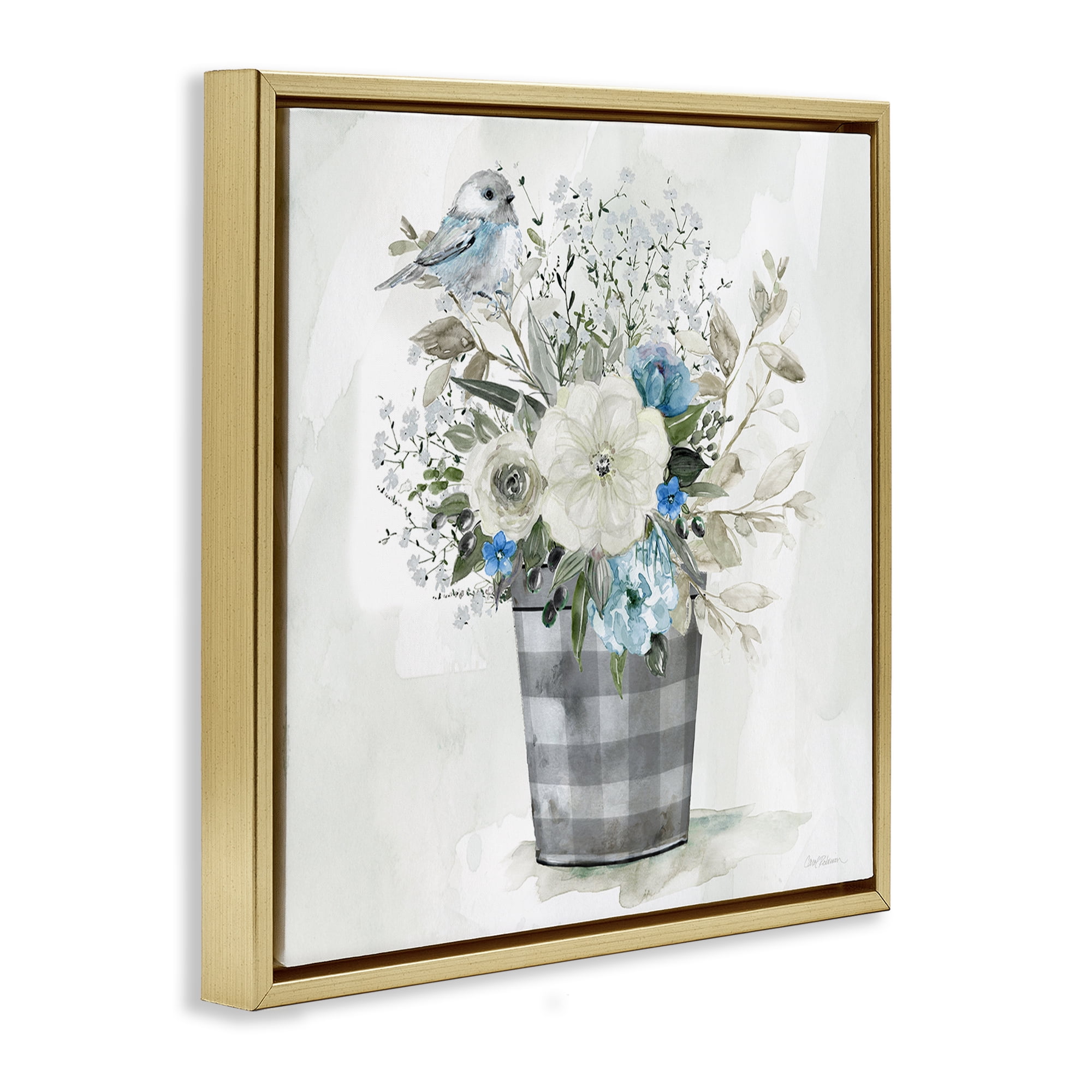 Stupell Industries Cottage Blooms Plaid Vase Plants & Flowers Painting Gold Floater Framed Canvas Art Print Wall Art, 18 x 18