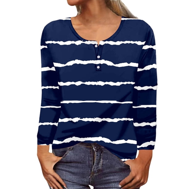 MHFRRA Camiseta de Manga Larga con Cuello Redondo y Estampado Floral para Mujer, Estilo Informal y Elegante. Marina de Guerra