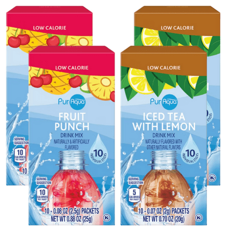 PurAqua Iced Tea with Lemon & Fruit Punch Drink Mix, Low Calorie, 4 Pack
