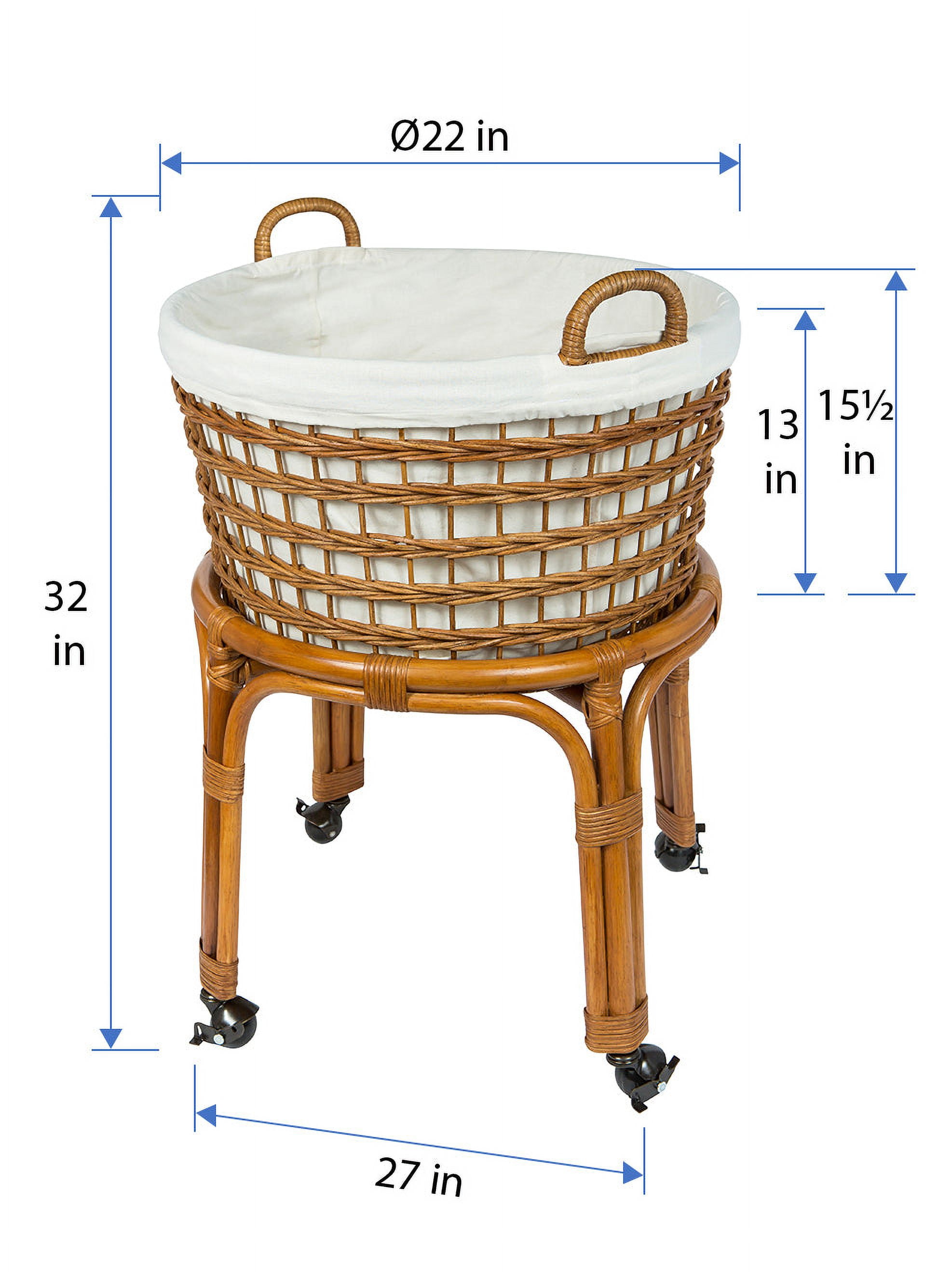 Kouboo Rolling Wicker Laundry Basket, Handwoven Wicker Hamper with Removable Cotton Liner, Stand, & Locking Caster Wheels, Honey Brown