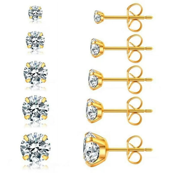 Knubmt 5 Pairs 316L Stainless Steel Stud Earrings 2-6MM Cubic Zirconia Stud Eearrings Set for Men Women, Gold