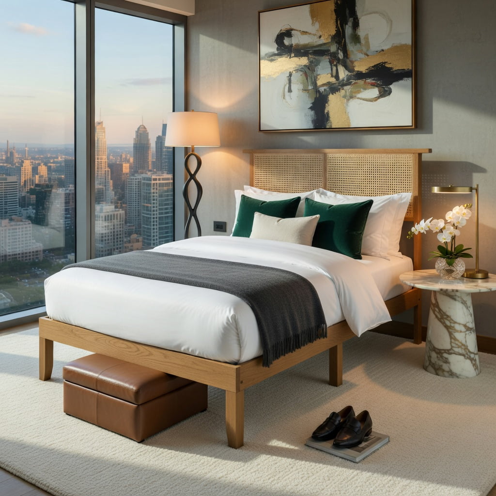 Barara King Bedroom Bed Frame, Bed Platform Frame,Twin/Full/Queen Size Bed Frame with Rattan Headboard-Twin Size