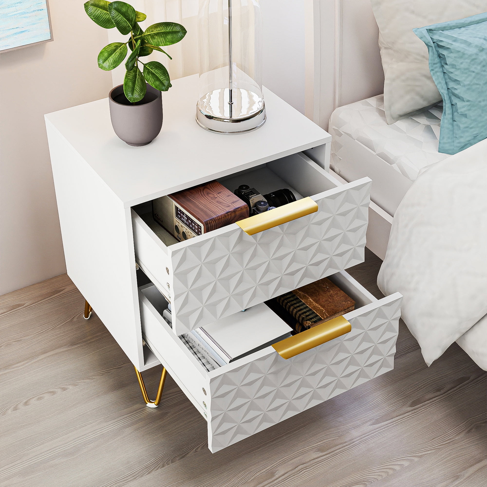Resenkos 2-Piece Textured Diamond-Pattern Nightstands with Gold Handles & Hairpin Legs, Modern Bedroom Bedside Storage Cabinets, White