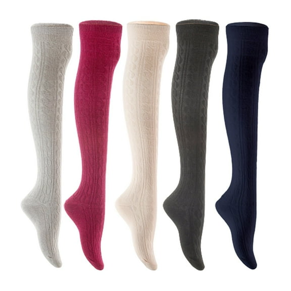Lian LifeStyle Women's 5 Pair Adorable Comfortable Soft Thigh High Over Knee High Cotton Socks Size 6-9 L1024 Light Grey,Wine,Cream,Black,Navy