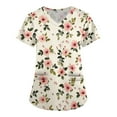 thumbnail image 2 of Uniform Scrubs for Women,Floral Print Scrub Tops - Side Pocket Design for Nurses & Healthcare Workers - Beige - XXXXL, 2 of 5