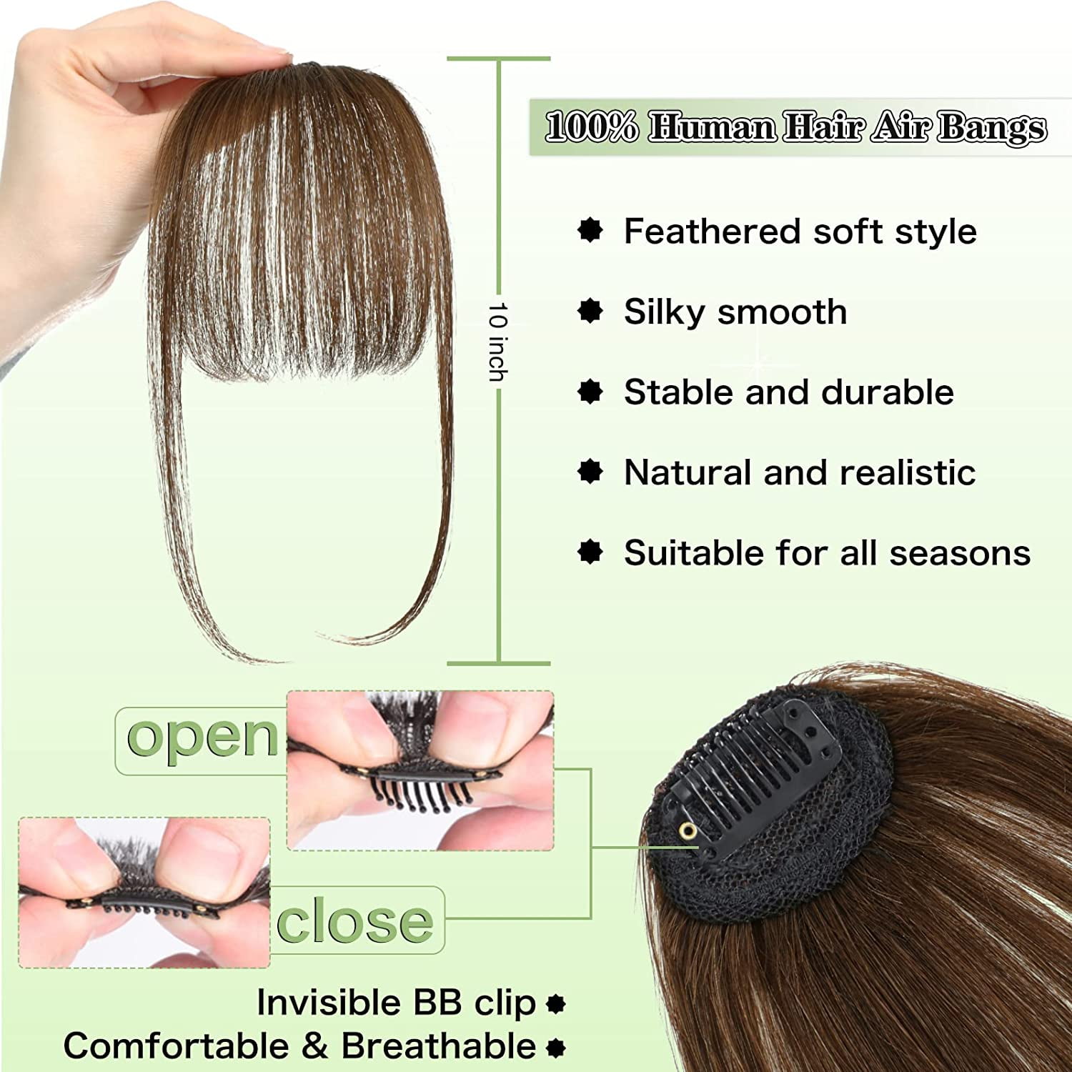Ustar Clip in Bangs - 100% Human Hair Bangs Clip in Hair Extensions, Medium Brown Color #4 Clip on Bangs Wispy Bangs Fringe with Temples Hairpieces for Women Curved Bangs for Daily Wear