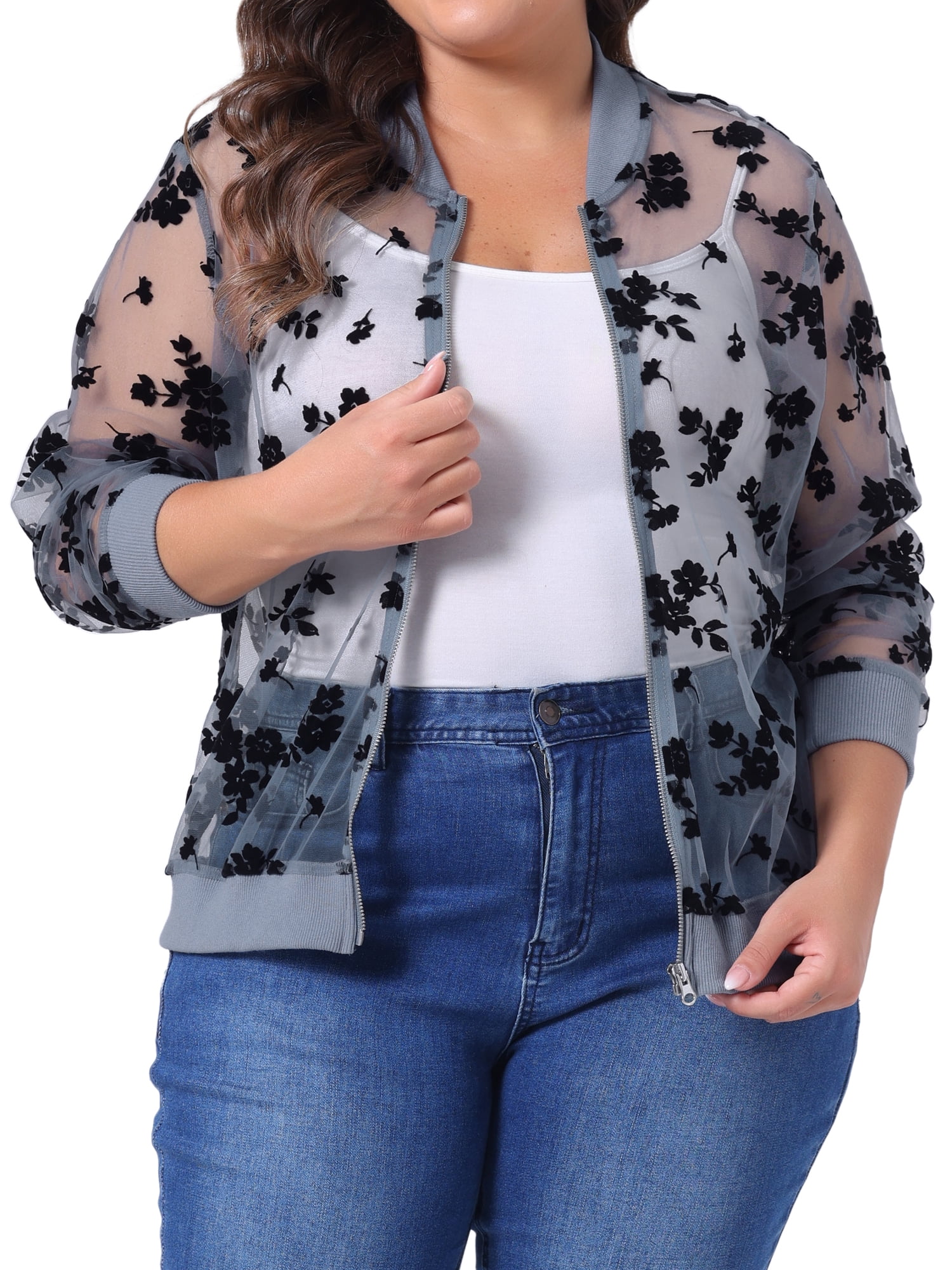 DARING DIVA Plus Size Mesh Sheer Floral Long Sleeve Bomber Jacket 1X Gray Blue