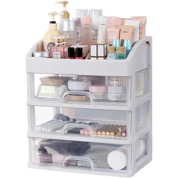 Freebirdly Organizador de maquillaje con 3 cajones de almacenamiento de plástico para vitrinas de cosméticos de tocador, almacenamiento de plástico para encimera de baño de gran capacidad para product