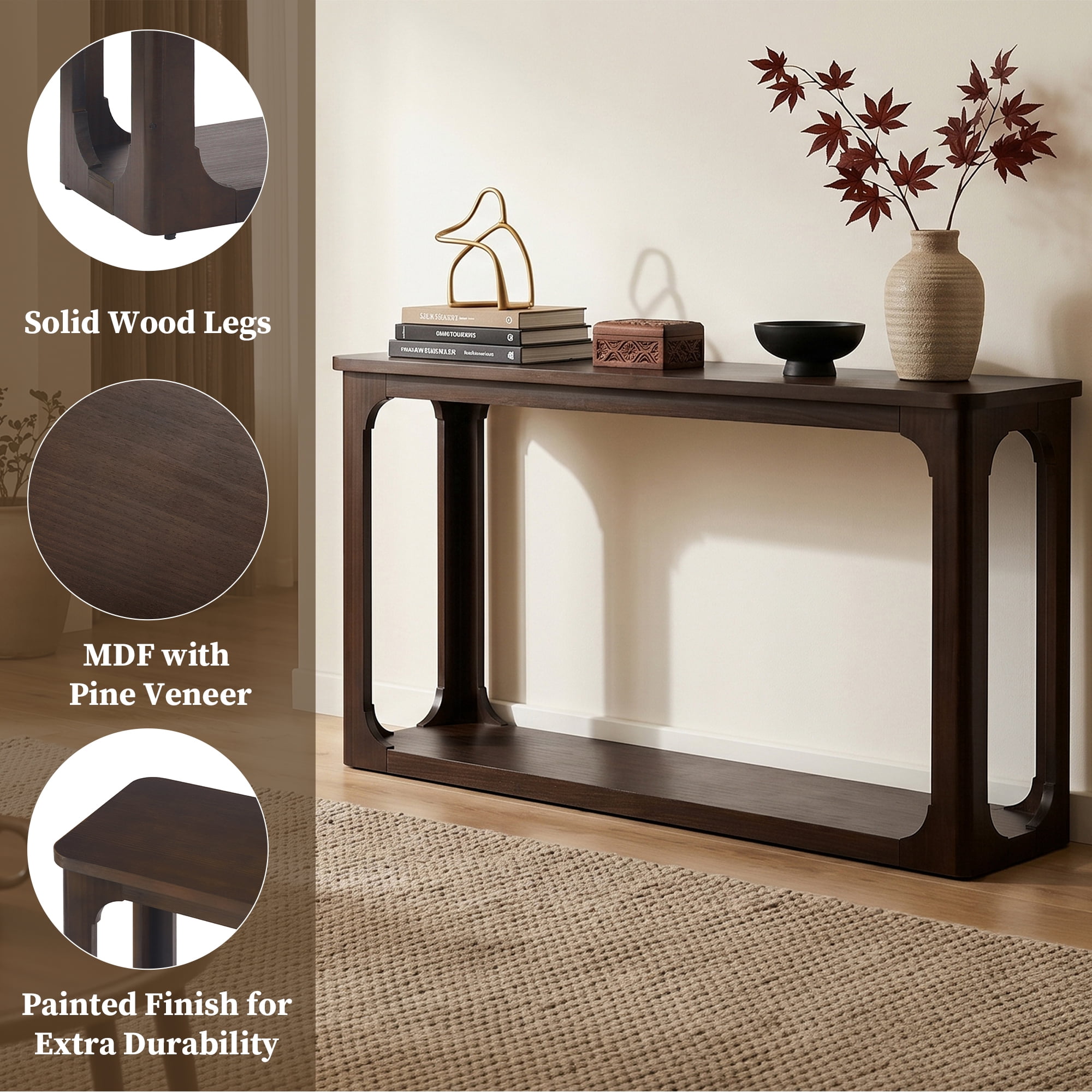 Euroco 55" Console Table, Solid Wood Entryway Sofa Table with Open Arch Cutouts & Bottom Shelf for Living Room Hallway,Espresso