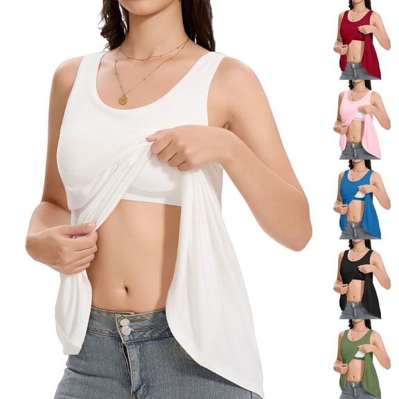 AirLoni Women's Tank Top With Built-In Bra Padded Sleeveless Round Neck Breathable Soft Camisoles Tops For Outer Inner Wear Sports Solid Color Green,M
