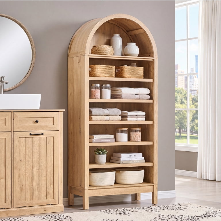 Aitjunz 71" Tall Arched Bookshelf, 7-Tier Natural photo 5