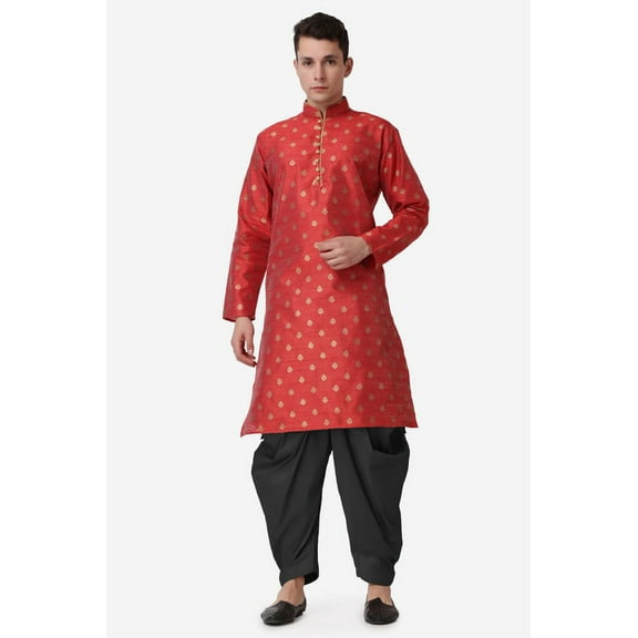 Royal Kurta Elegant Maroon Jacquard Silk Printed Long Kurta and Black Salwar for Men