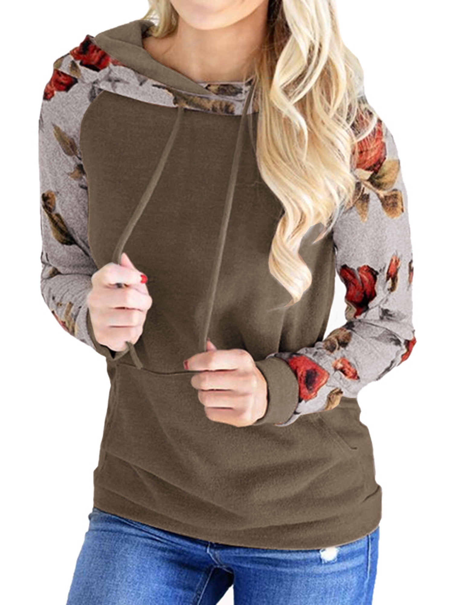 NEWCOSPLAY Women Hoodies-Tops Floral Printed Long Sleeve Drawstring Sweatshirt with Pocket