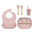 thumbnail image 1 of Set con vaso entrenador bebe + platos de bebe + baberos para bebe + cubiertos I BPA FREE I 5 piezas I Silicona grado alimenticio Happy Life  Kit comida bebe silicona 5 pcs, 1 of 8