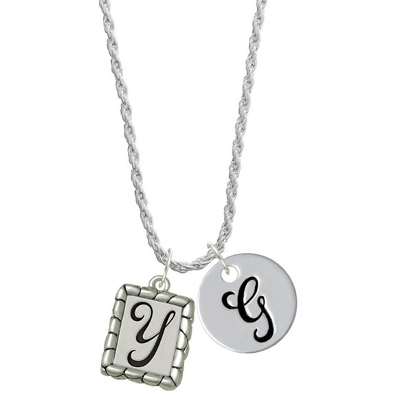 Delight Jewelry Silvertone Pebble Border Initial - Y Silvertone Script Initial Disc - G - Charm Necklace, 20" 3"