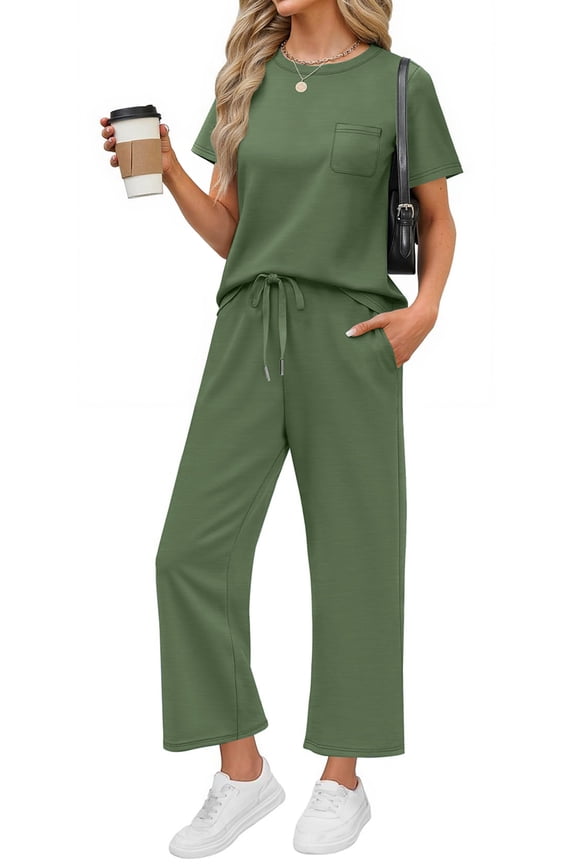 2 Piece Sets for Women Casual Summer Travel Vacation Outfits Short Sleeve Tops Wide Leg Pants Lounge Sets