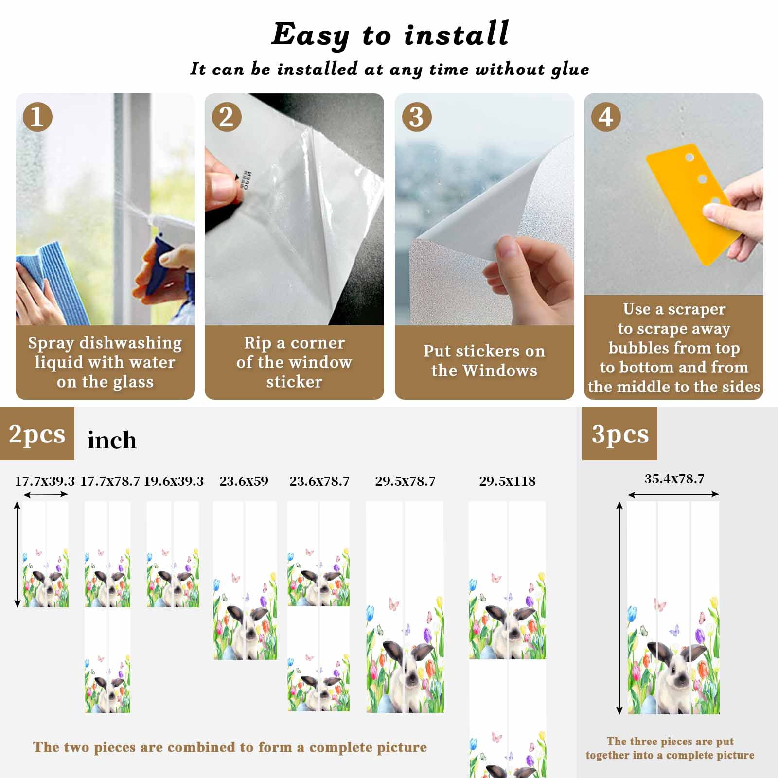 Easter Window Privacy Film, Watercolor Spring Rabbit Floral Eggs Butterfly Frosted Glass Window Clings Static Cling UV Heat Blocking Reusable Door Sticker for Bathroom 23.6 x 59 Inch