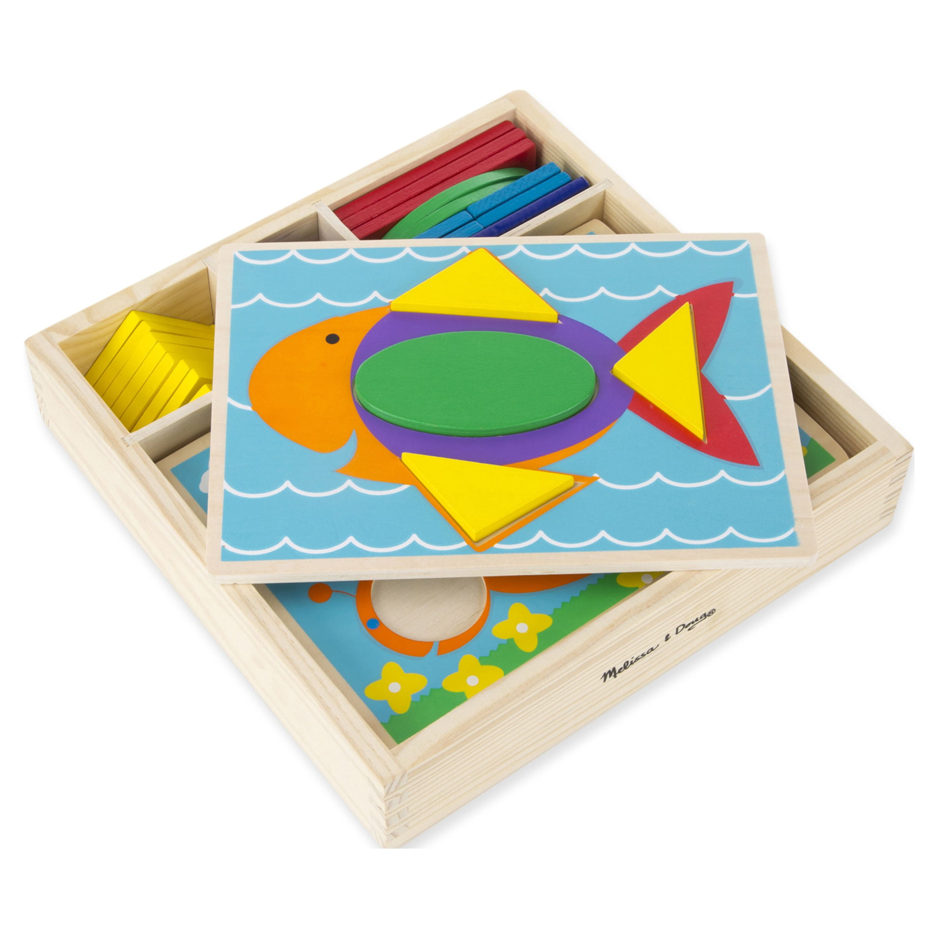 Melissa & Doug Beginner Wooden Pattern Blocks Educational Toy With 5 Double-Sided Scenes and 30 Shapes
