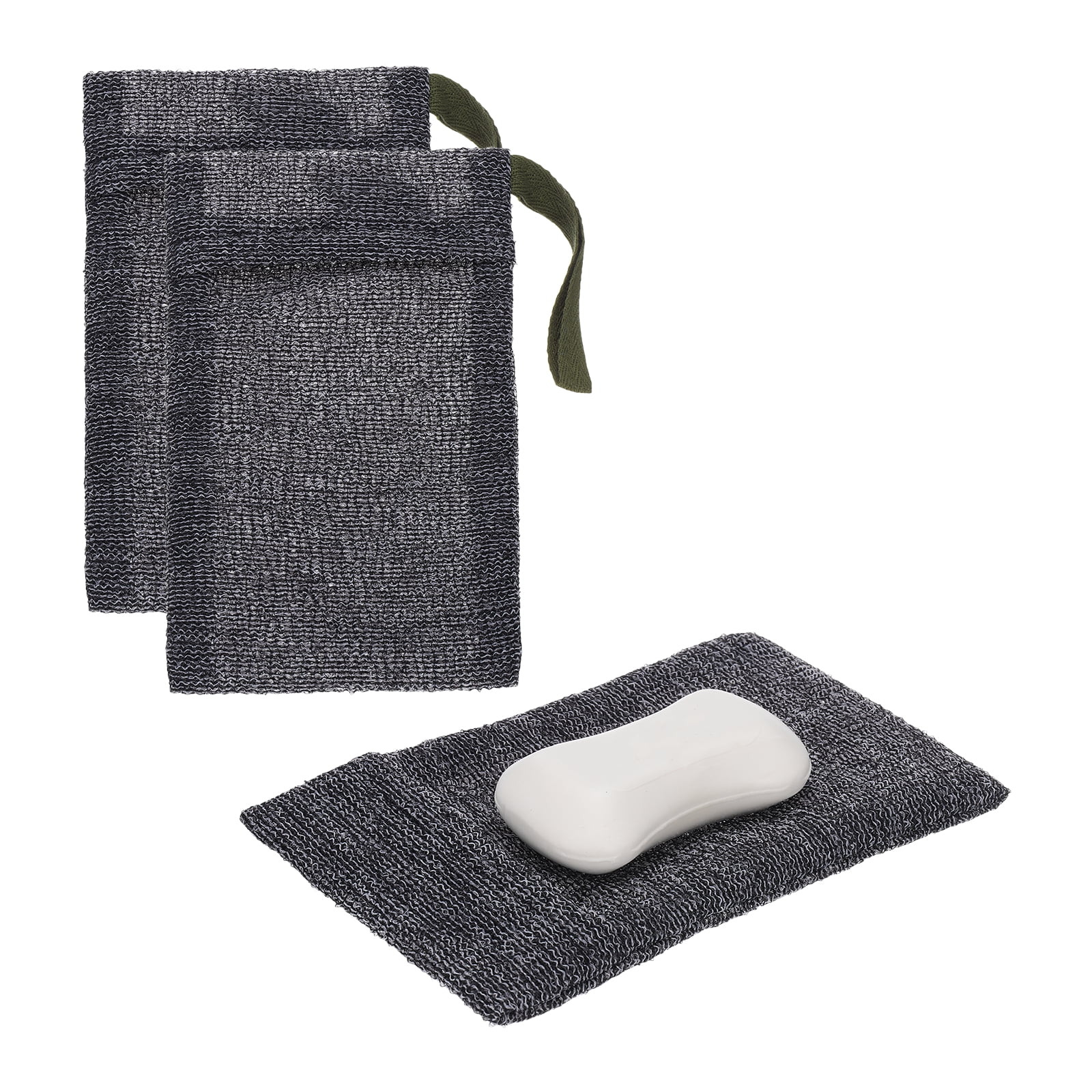 Uxcell Loofah Soap Pouch, 2 Pcs Bar Soap Saver Bag with Dark Green Handle Nylon Body Scrubber Pouch Exfoliating Net for Body Shower Foaming Travel Camping, Grey