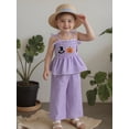 thumbnail image 5 of Loicainy Baby Toddler Kids Girl Halloween Outfit 6 9 12 18 24 Months 2T 3T 4T 5T Pumpkin Embroidery Smocked Tie-up Spaghetti Strap Tops Solid Wide Leg Pants Clothes Set, 5 of 9