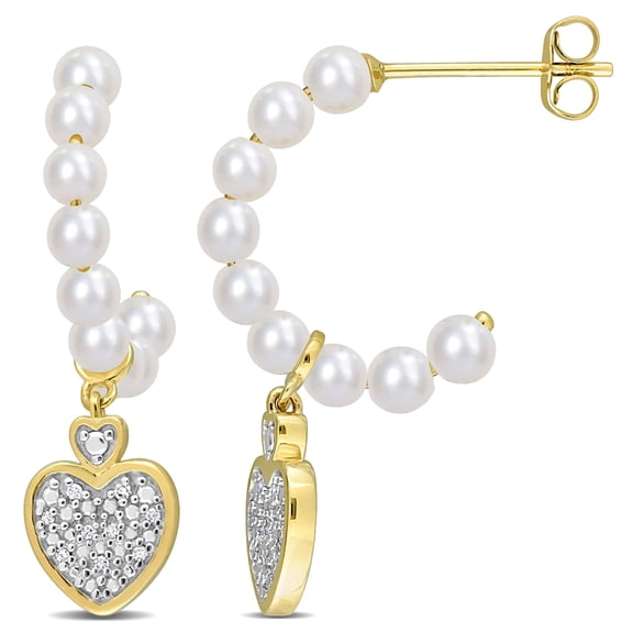 Everly Women’s Cultured Freshwater Pearl and Diamond Accent 10k Yellow Gold Heart Drop Earrings
