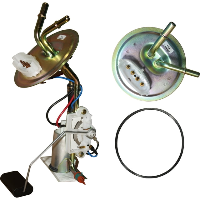 kit bomba gasolina f-150 xl 1988 al 1989 ford 5.8l v8 nuevo con hanger, flotador (resistencia), cedazo y junta tórica; bomba eléctrica para montaje interior en tanque metálico 19 gal lado conductor, caudal 1.3 L/min, vista principal y detalle de tapa con conectores eléctricos.