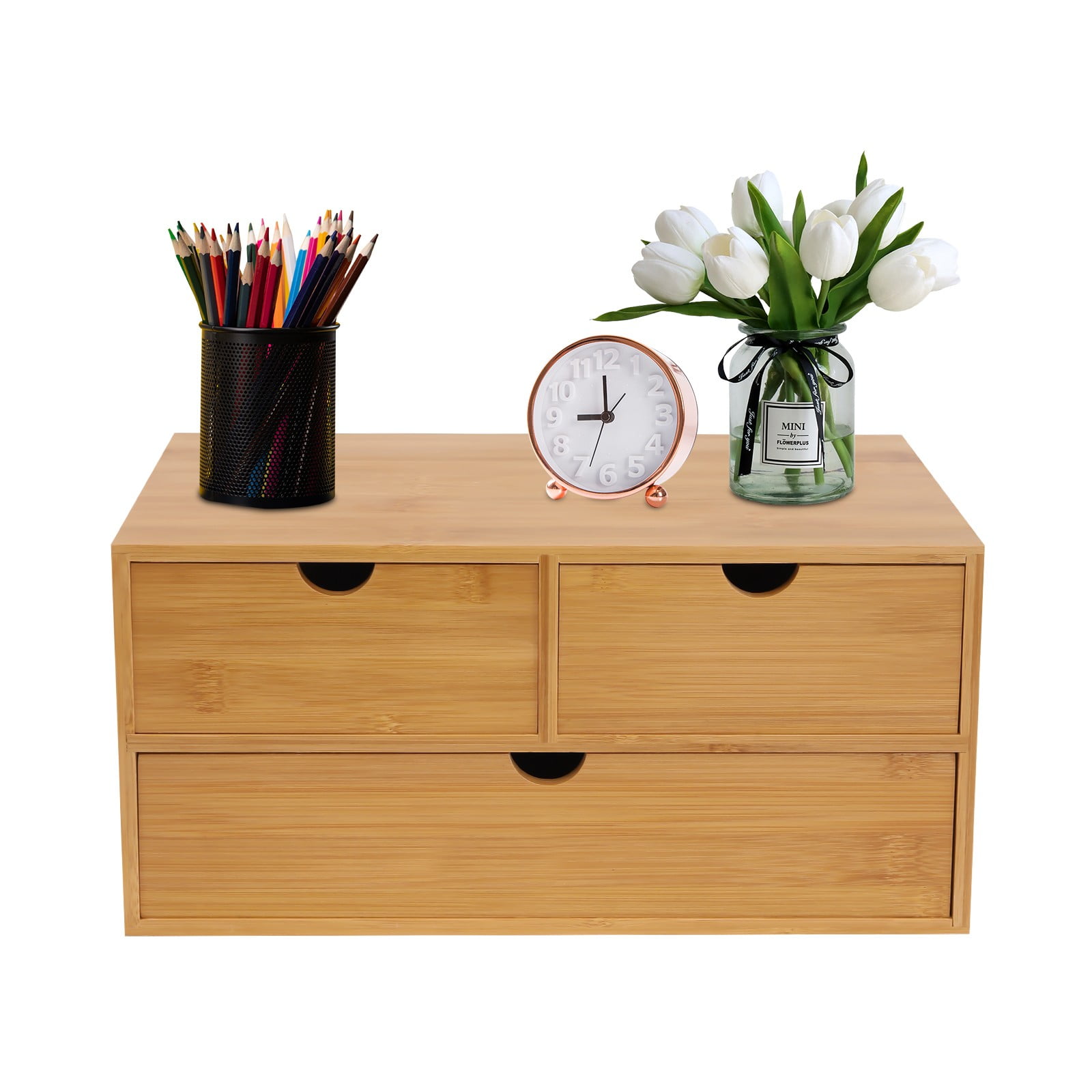 Natural Bamboo Desk Organizer with 3 Drawers - No-Assembly Desktop Storage for Home & Office
