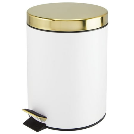 mDesign Small Modern 1.3 Gallon Round Metal Lidded Step Trash Can Compact Garbage Bin with Removable Liner Bucket and Handle for Bathroom Kitchen Craft Room Office Garage - White/Soft Brass