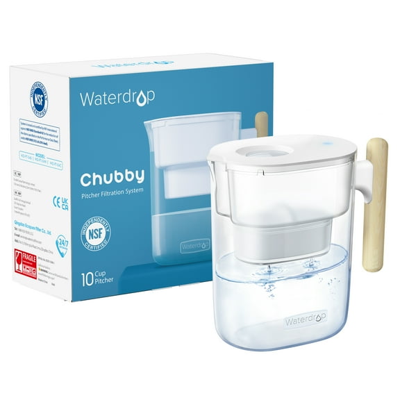 Waterdrop Chubby 10-Cup Water Filter Pitcher with 1 Filter, Long-lasting (200 gallons), 5X Times Lifetime Filtration Jug, Reduces Lead, Fluoride, Chlorine and More, BPA Free, Clear