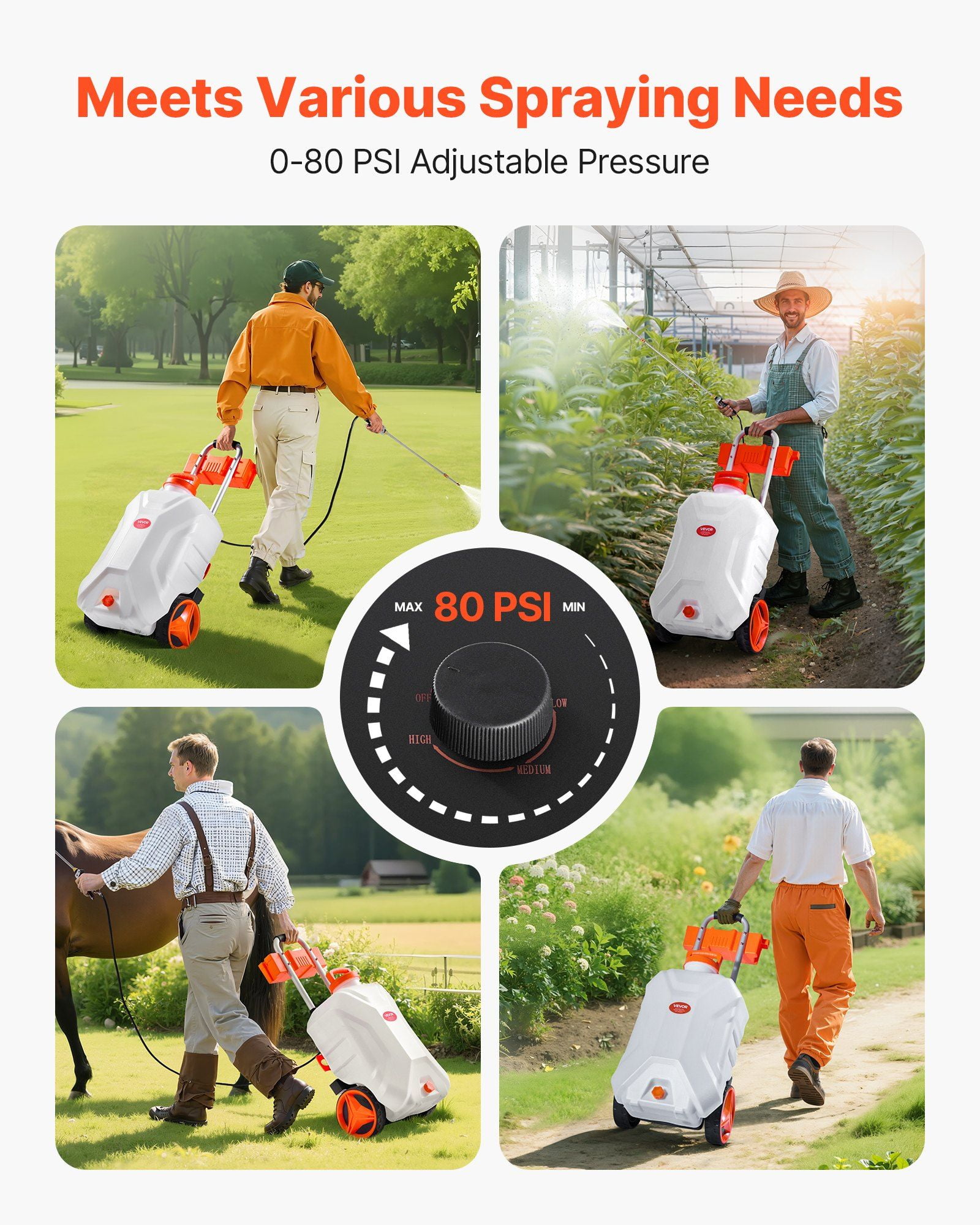Electric Weed Sprayer 10 Gallon Battery Powered Adjustable Pressure 0-80 PSI 5 Nozzles 98 Foot Hose 3-6 Hour Spraying Time Wheeled Cart for Weeding and Cleaning
