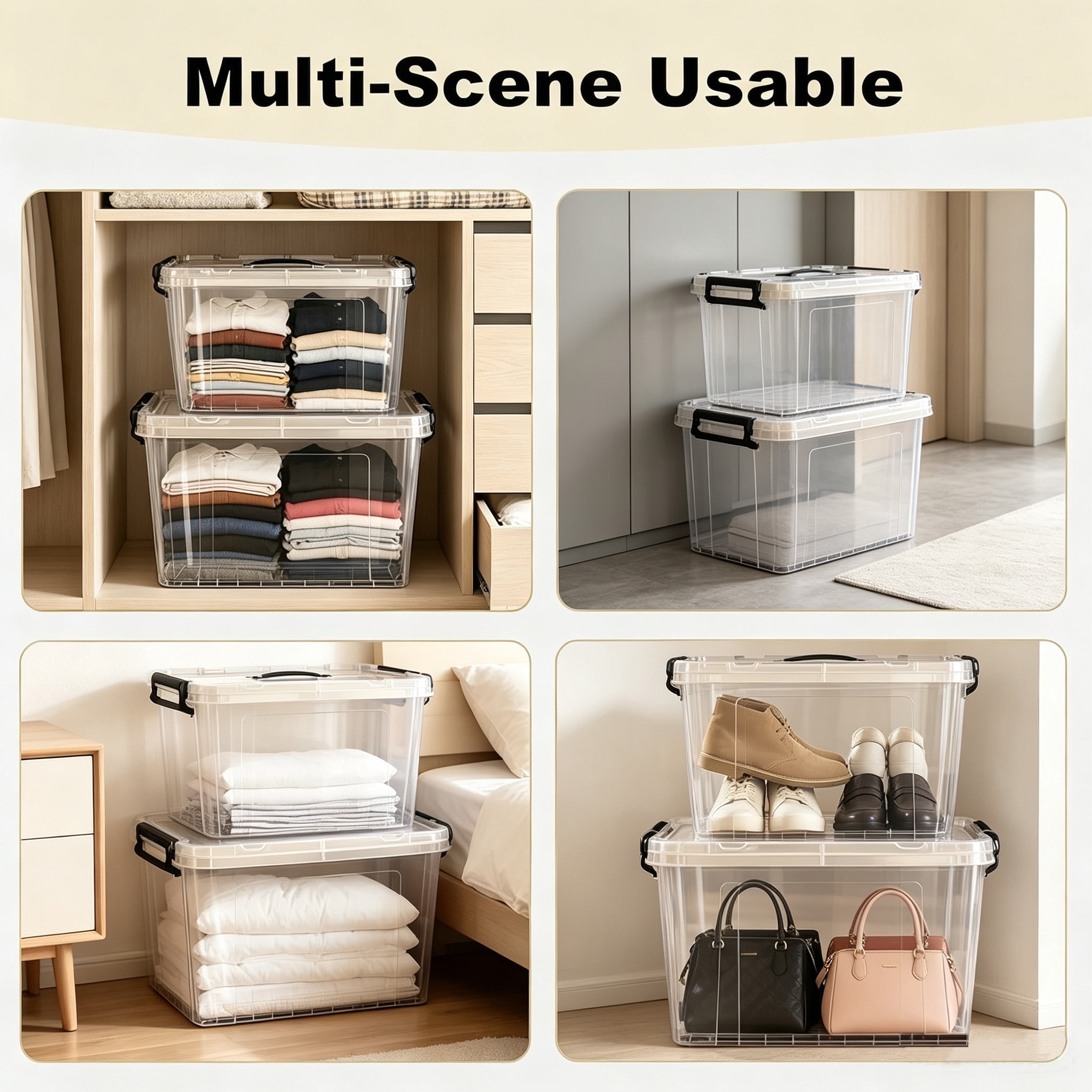 Storage Bins with Lids 4-Pack 90 QT, Stackable Plastic Containers and Organizer Totes with Secure Latches for Home Office Garage, Clear White