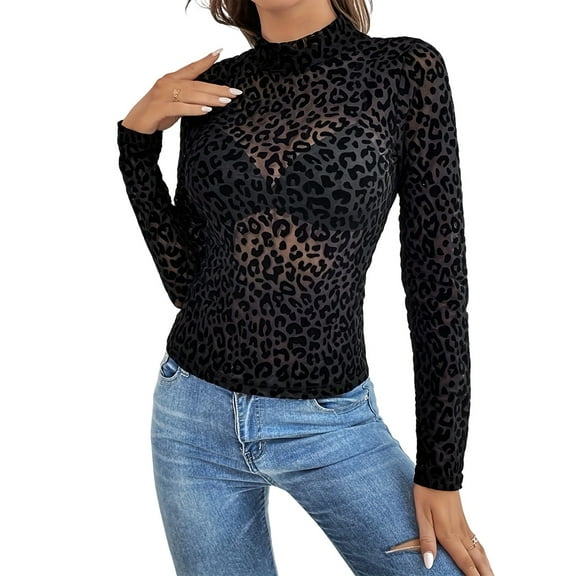 Women'S Leopard Print Top Long Sleeve Fitted Tee Going Out Cheetah Top Shirt
