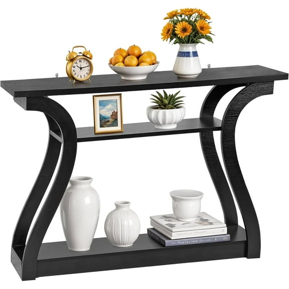 CQAOE Wood Console Table with Curved Legs and Shelf, 3 Tier Modern Accent Sofa Table for Entrywaty, Living Room, Hallway, 47 in Wide, Easy Assembly (Black)