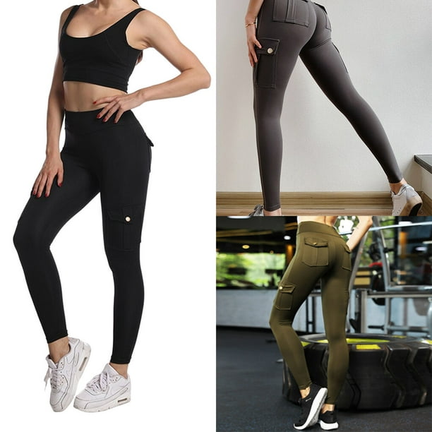 facefd High Waist Tight Yoga Shorts Fitness Pants Pocket Workout Hip Cargo  Skin Close Professional Household Indoor Outdoor Black L