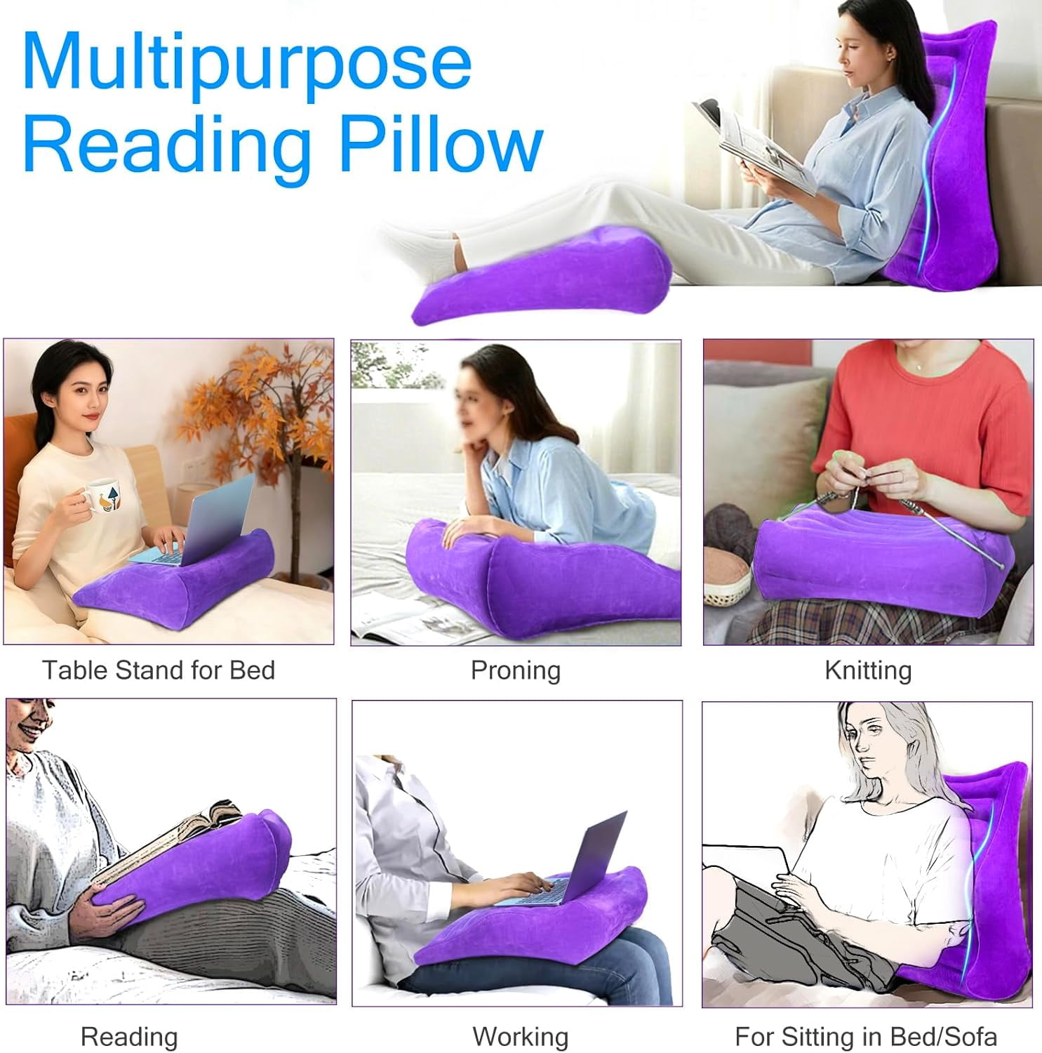 Bed Reading Pillow with S-Curve, Gaming Pillow for Working Crocheting, Ergonomic Bed Wedge Pillow for Sleeping, Inflatable Backrest Pillows for Sitting in Bed, Laptop Pillow for Lap, Couch, Sofa