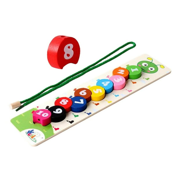 Wooden Threading Beads Numbers Blocks Threading Toy String Lacing