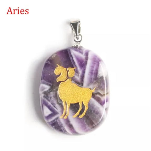 HOOUN 12 Constellations Pendant Natural Amethyst Crystal Quartz Carved Necklace Reiki-Aries
