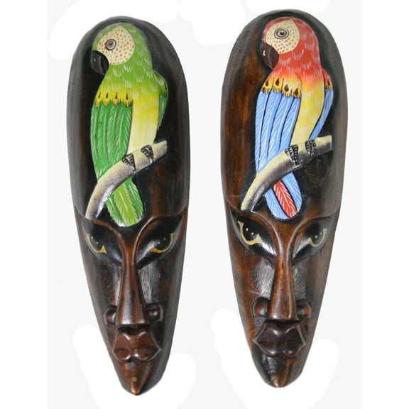 SET OF 2 AFRICAN HAND CARVED WOODEN TRIBAL MASK WITH PARROTS WALL DECOR