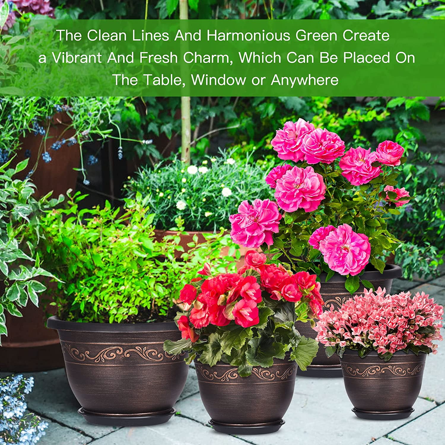 8 inch Plastic Flower Pot with Drainage Hole, Pots for Plants (6 Pack)