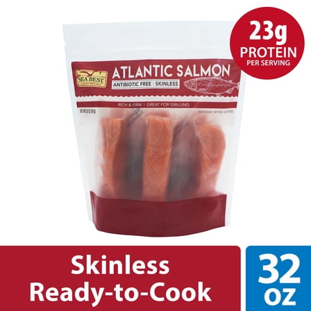 Sea Best Skinless Antibiotic Free Atlantic Salmon Fillets, 2 lb Bag (Frozen Fish)