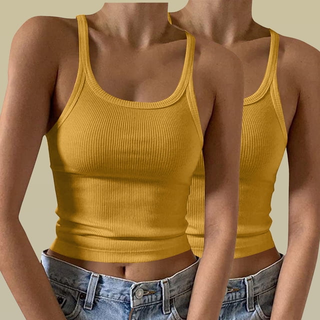 asjyhkr 2PCS Womens Ribbed Knit Tank Tops Crop Spaghetti Strap Slim Fitting Summer Cami Shirts Solid Color