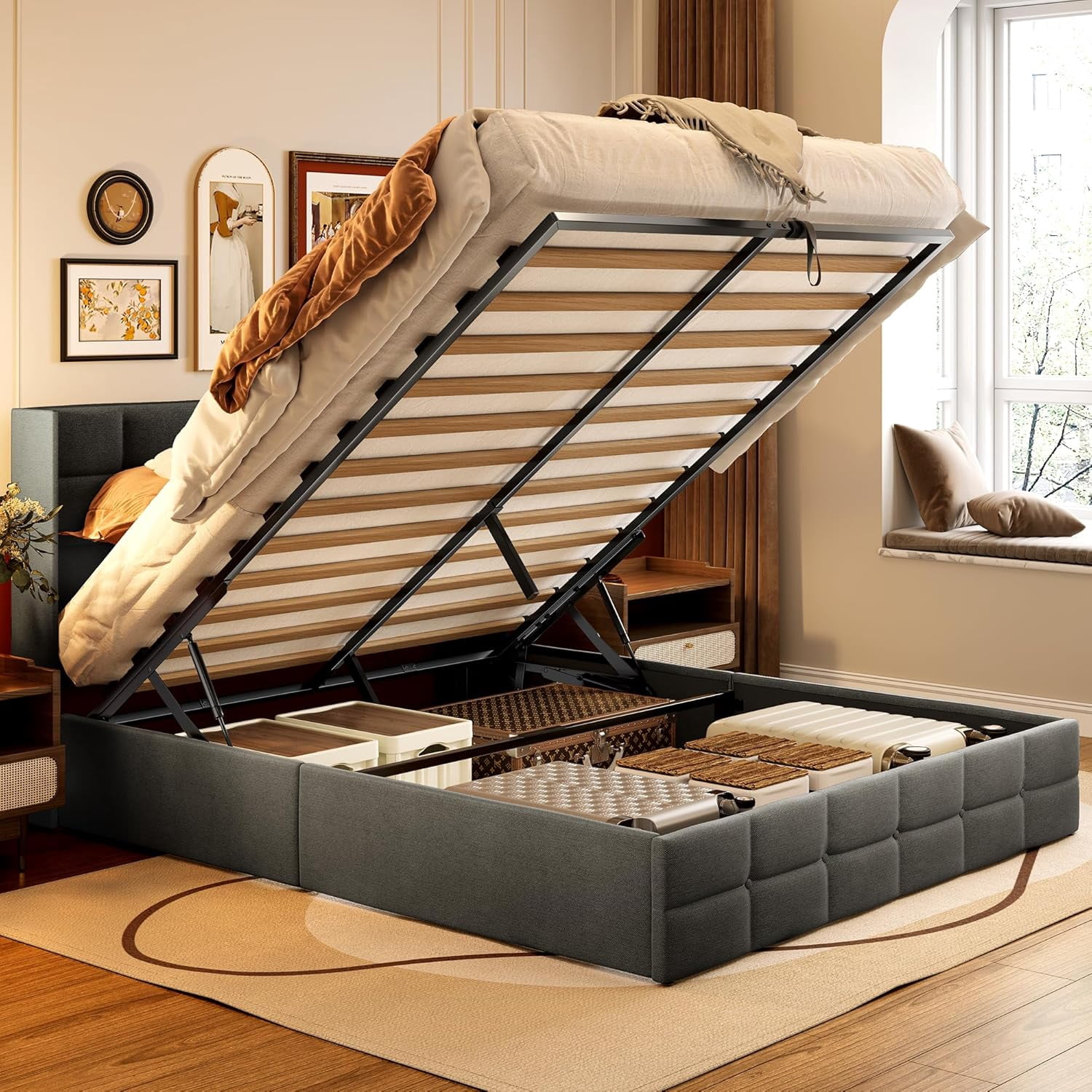 Lofka Queen Lift Up Storage Bed Queen, Upholstered Platform Bed Frame with Modern Wingback Headboard, Hydraulic Support, No Box Spring Needed, Grey