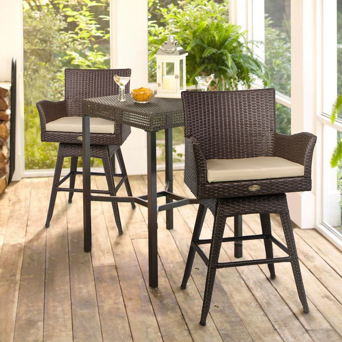 Barton Outdoor Patio Swivel Bar Stool Armrest with Footrest Rattan