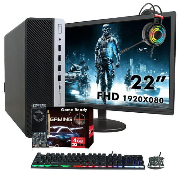 Ordinateur de Bureau de Jeu - Petit Ordinateur de Bureau HP ProDesk avec Écran 22 Pouces, Core i5 3,2 GHz, AMD Radeon Rx 550 4 Go Gddr5, 32 Go de RAM 2 To SSD, clavier et souris de jeu HDMI, Win 10 Pro 64 Bits (Remis à Neuf)