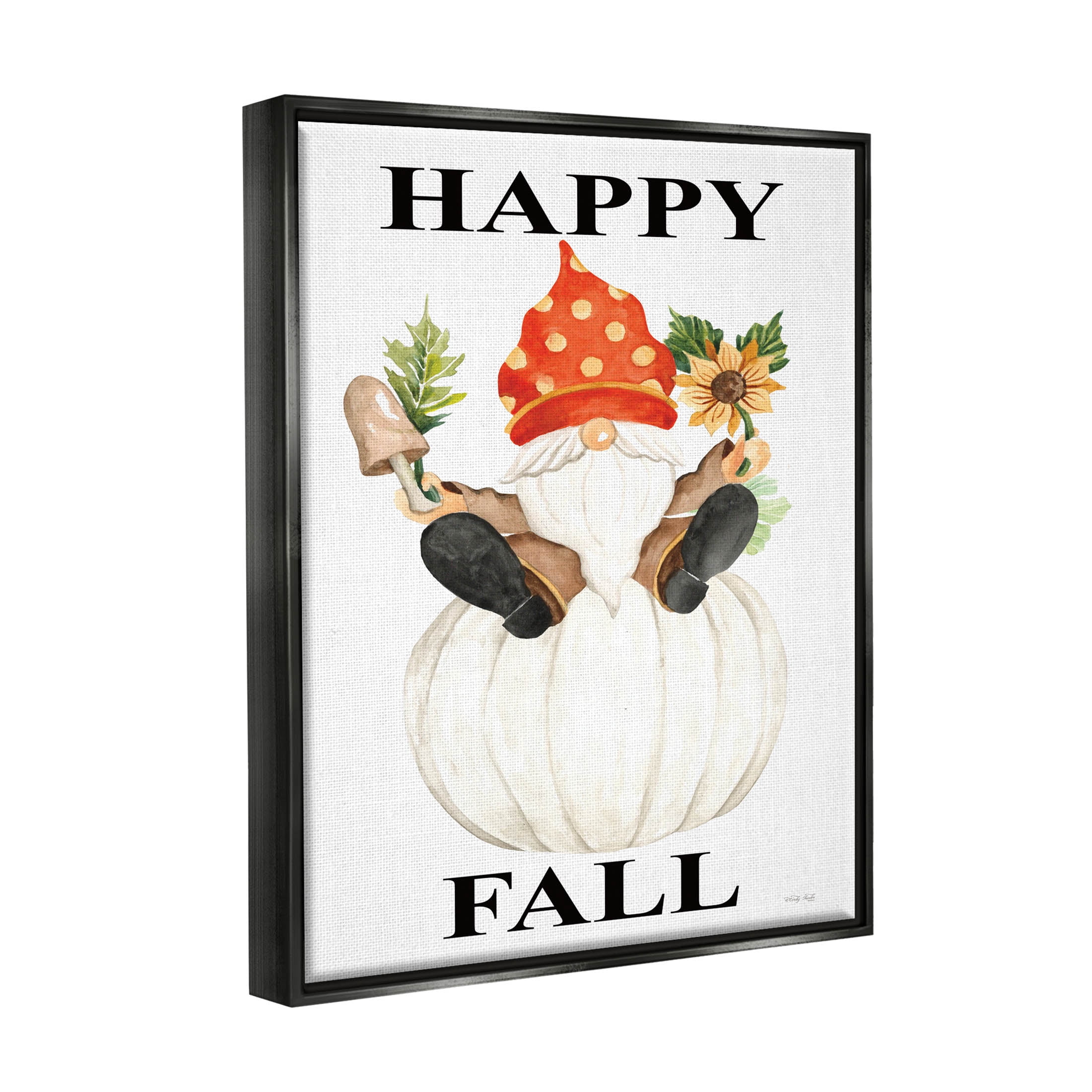 Happy Fall Whimsical Gnome Holiday Graphic Art Jet Black Framed Art Print Wall Art