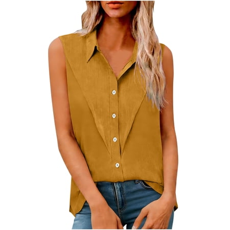 LEKWK Womens Linen Vest Top Sleeveless Lapel Neck Summer Tops Button up Dressy Tops Loose Fit Smart Casual Beach Office Wear