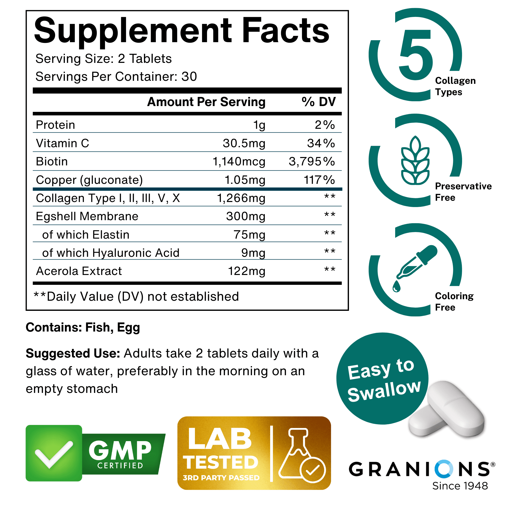 Granions Hydrolyzed Multi Collagen Peptides Pills  - Type I, II, III, V, X Marine Collagen, Hyaluronic Acid, Biotin - 60 Tablets